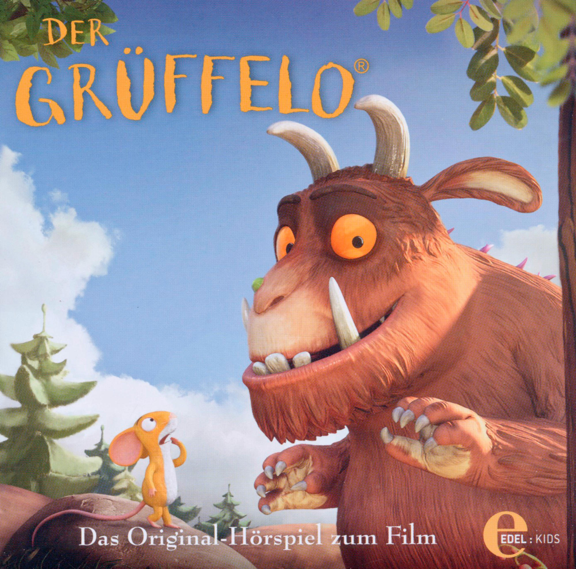 Cartoonbild eines Gruffalo-Monsters mit einer verängstigten Maus auf blauem Himmelhintergrund.
