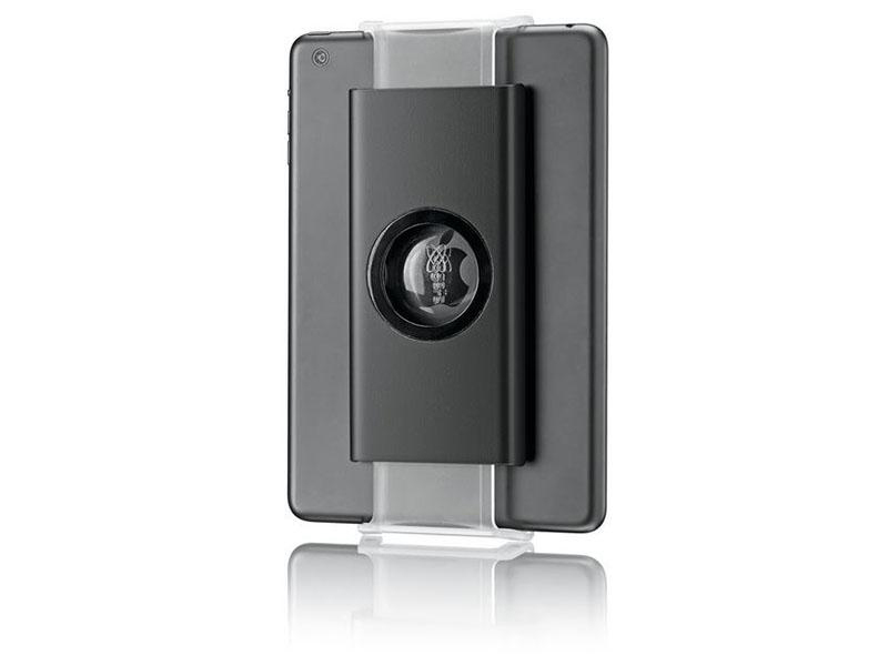Schwarzes iPad in einer transparenten Halterung mit einem schwarzen Rechteck in der Mitte.