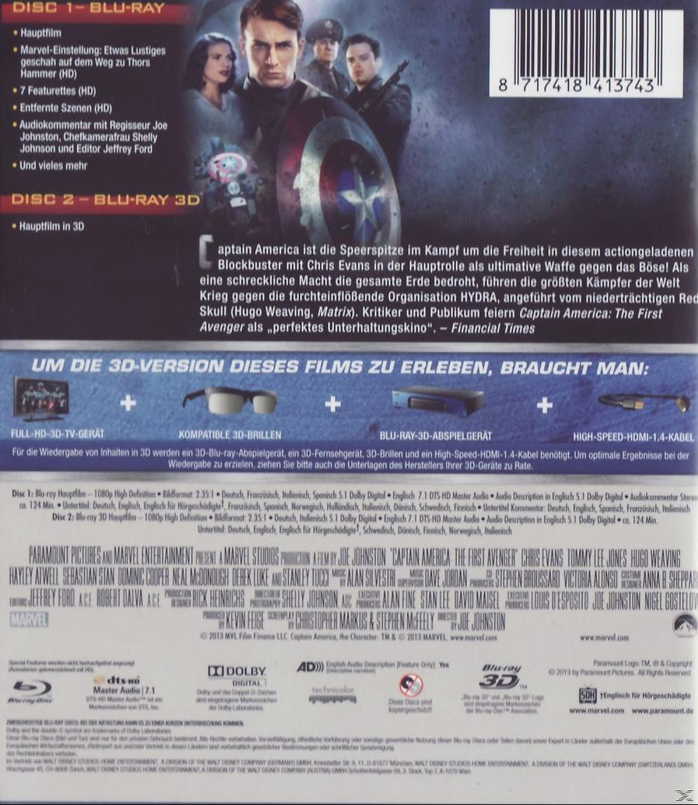 DVD-Rückseite: Captain America. Text in mehreren Sprachen, Bilder des Films und seiner Charaktere.