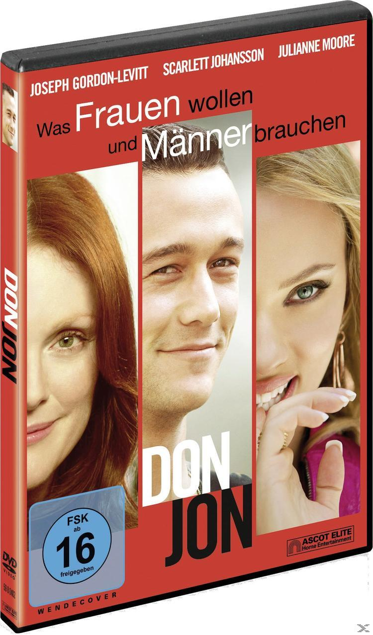 DVD-Cover: 'Don Jon', drei Schauspieler, roter Hintergrund, Text auf Deutsch. Freigegeben ab 16.