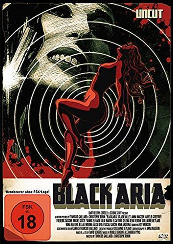 Filmplakat für 'Black Aria'. Zeigt eine Frau in Rot und Schwarz mit Kreismustern.