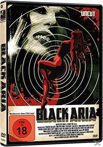DVD-Cover: Frau in rotem Kleid, schwarzer Hintergrund, Wirbeldesign, Titel 'BLACK ARIA' und Text auf Deutsch.