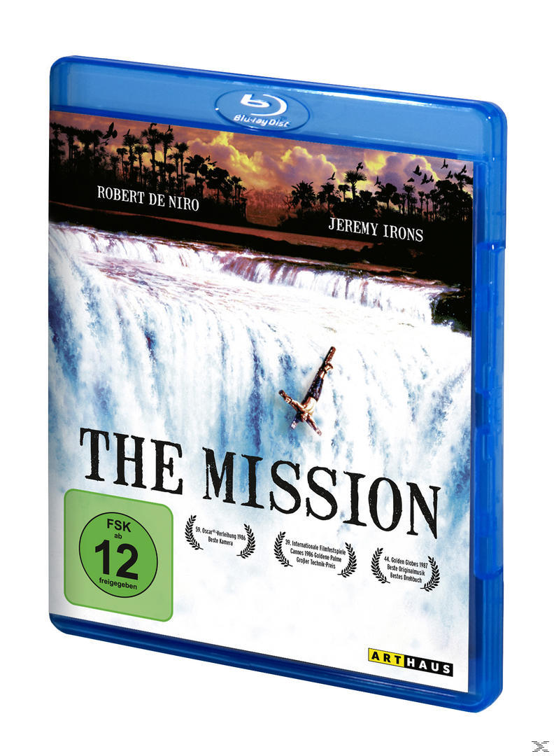 DVD-Cover: The Mission, Mann stürzt von Wasserfall, Text auf Englisch.