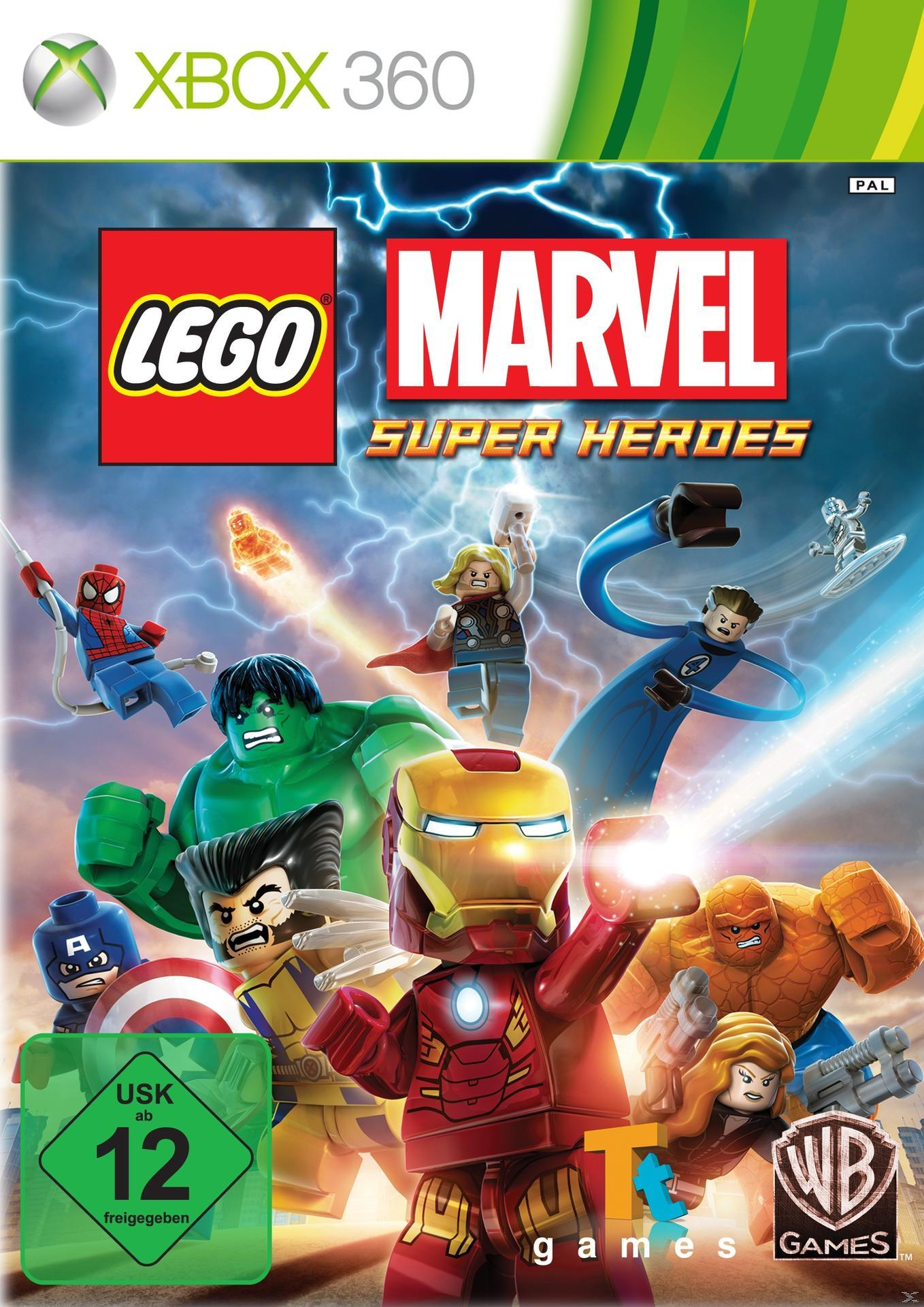 Lego Marvel Super Heroes-Spielbox-Art. Enthält verschiedene Lego-Superhelden mit dem Xbox 360-Logo.