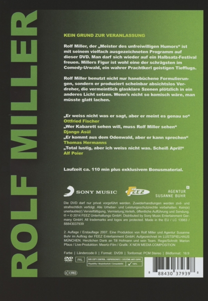 DVD-Cover für Rolf Miller, mit Text auf Deutsch. Listet eine Comedyshow auf.