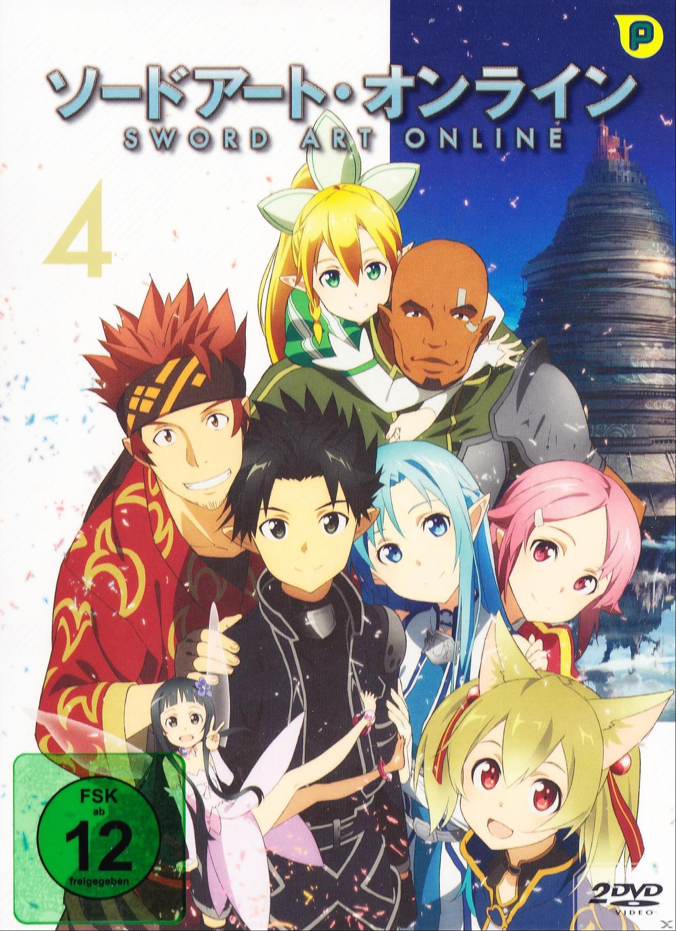 DVD-Cover für 'Sword Art Online'. Zeigt Anime-Charaktere. Die DVD ist mit der Nummer 4 beschriftet.