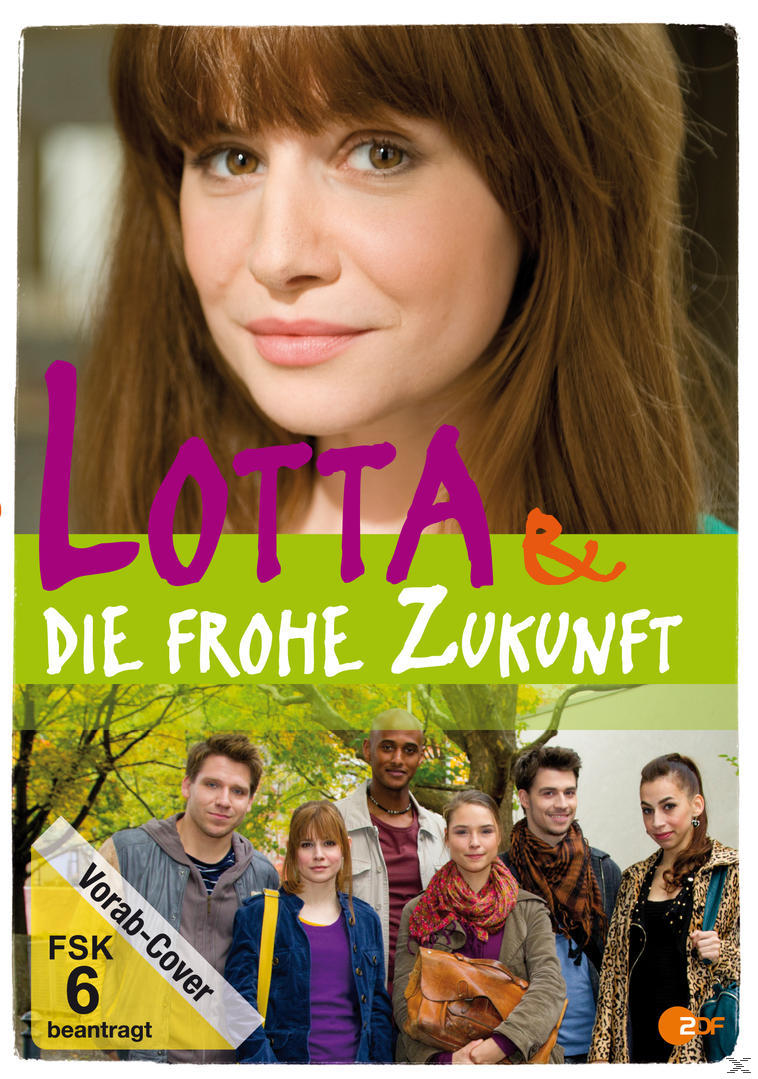 DVD-Cover mit Frau und Gruppe. Titel: 'LOTTA & DIE FROHE ZUKUNFT' in Lila.
