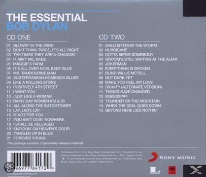 Bob Dylan CD hátulja, számlistával. A CD szürke háttéren, Sony Music logóval.