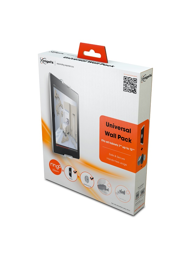 Eine Box für ein Tablet-Wandpack. Die Vorderseite zeigt einen Tablet-Bildschirm und den Produktnamen 'Universal Wall Pack'.