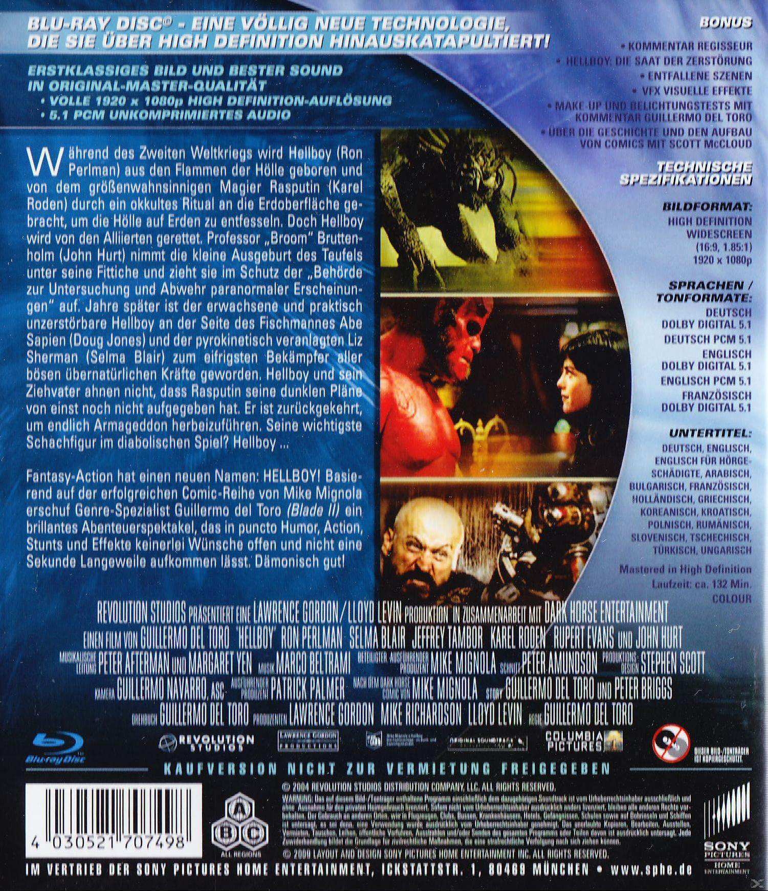 Blu-ray-Rückseite: Hellboy, Text auf Deutsch, Filmszenen, Schauspieler. Text und Logo unten.