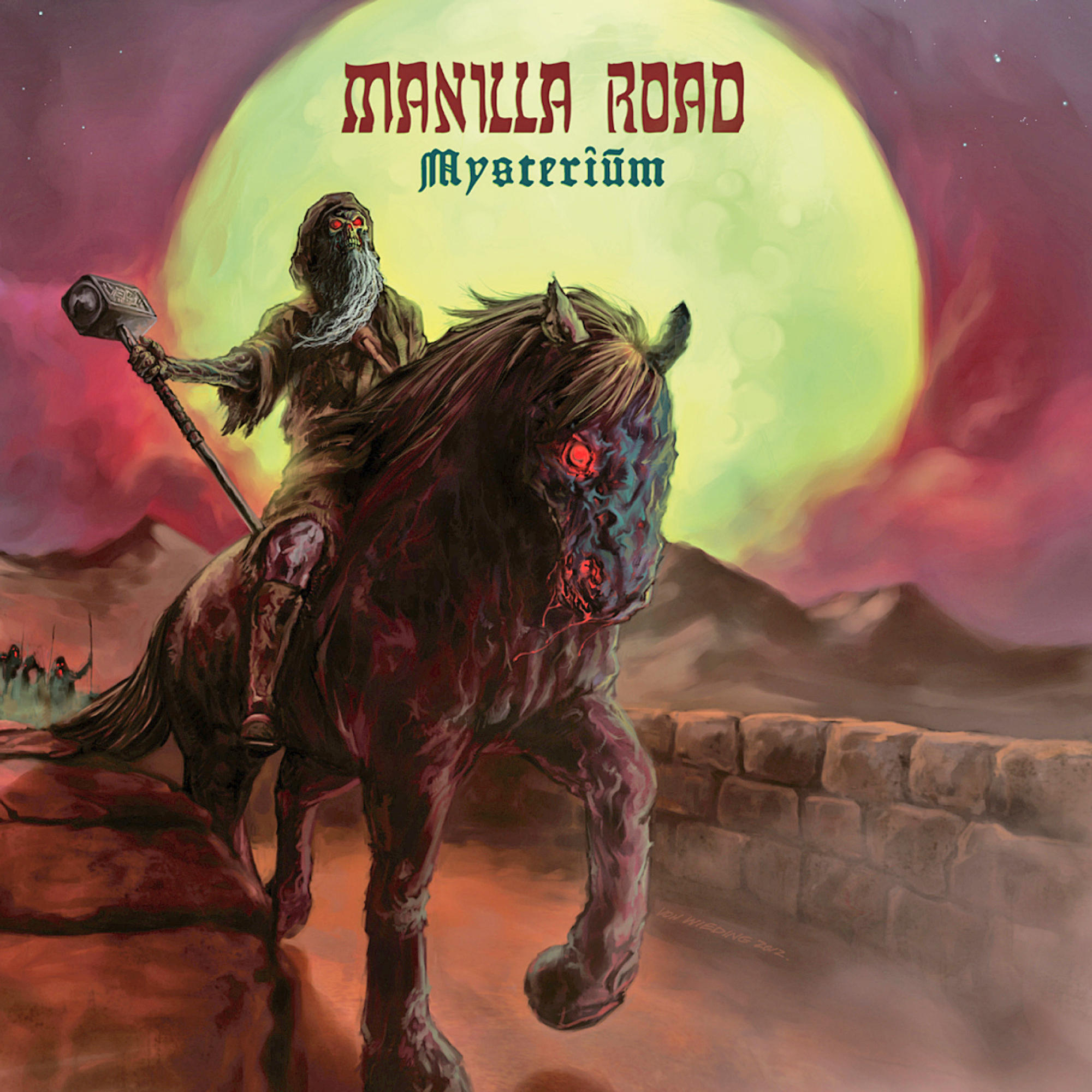 Albumcover mit einem Mann auf einem Pferd mit Hammer, vor einem großen grünen Mond. Dunkles Farbschema.