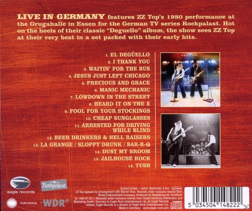 Albumcover mit Text und Bildern von ZZ Top, die live in Deutschland auftreten.