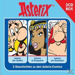 Box-Set von Asterix-Comics. Drei Cartoon-Gesichter: Asterix, Kleopatra und eine weitere Asterix-Figur.