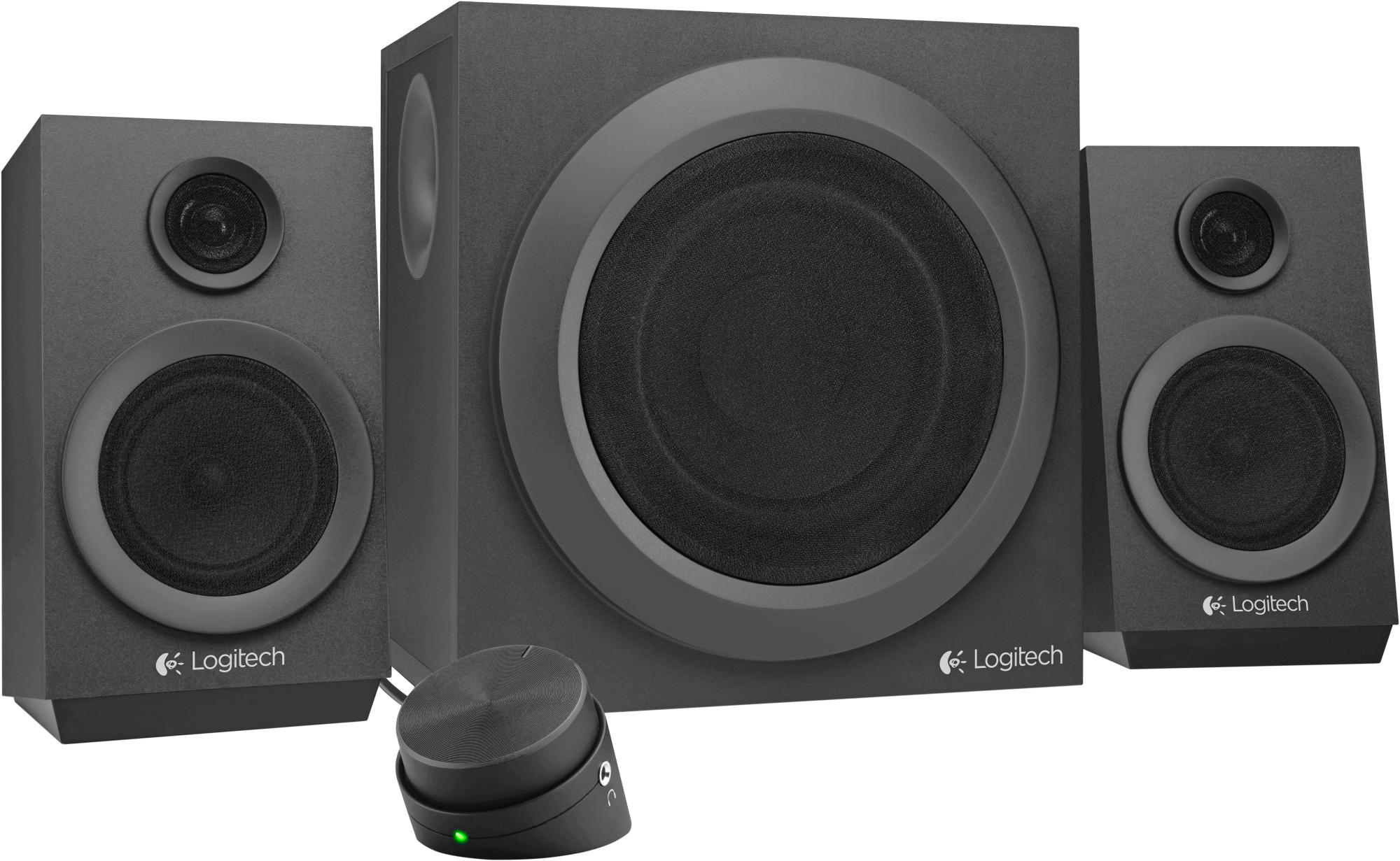 Sistema de altavoces Logitech negro. Dos altavoces pequeños y un subwoofer. Un pequeño control de volumen.