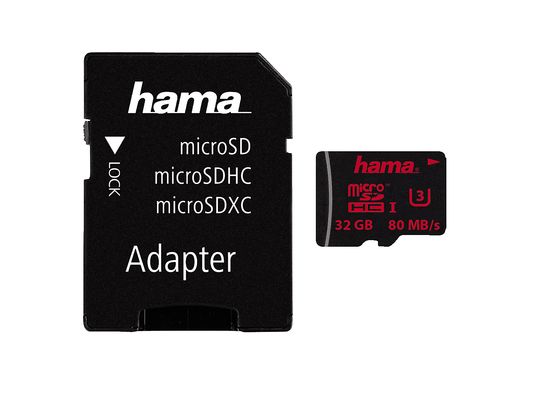HAMA 123981 UHS-I CL3 +AD - Micro-SDHC-Speicherkarte  (32 GB, 80 MB/s, Schwarz)
