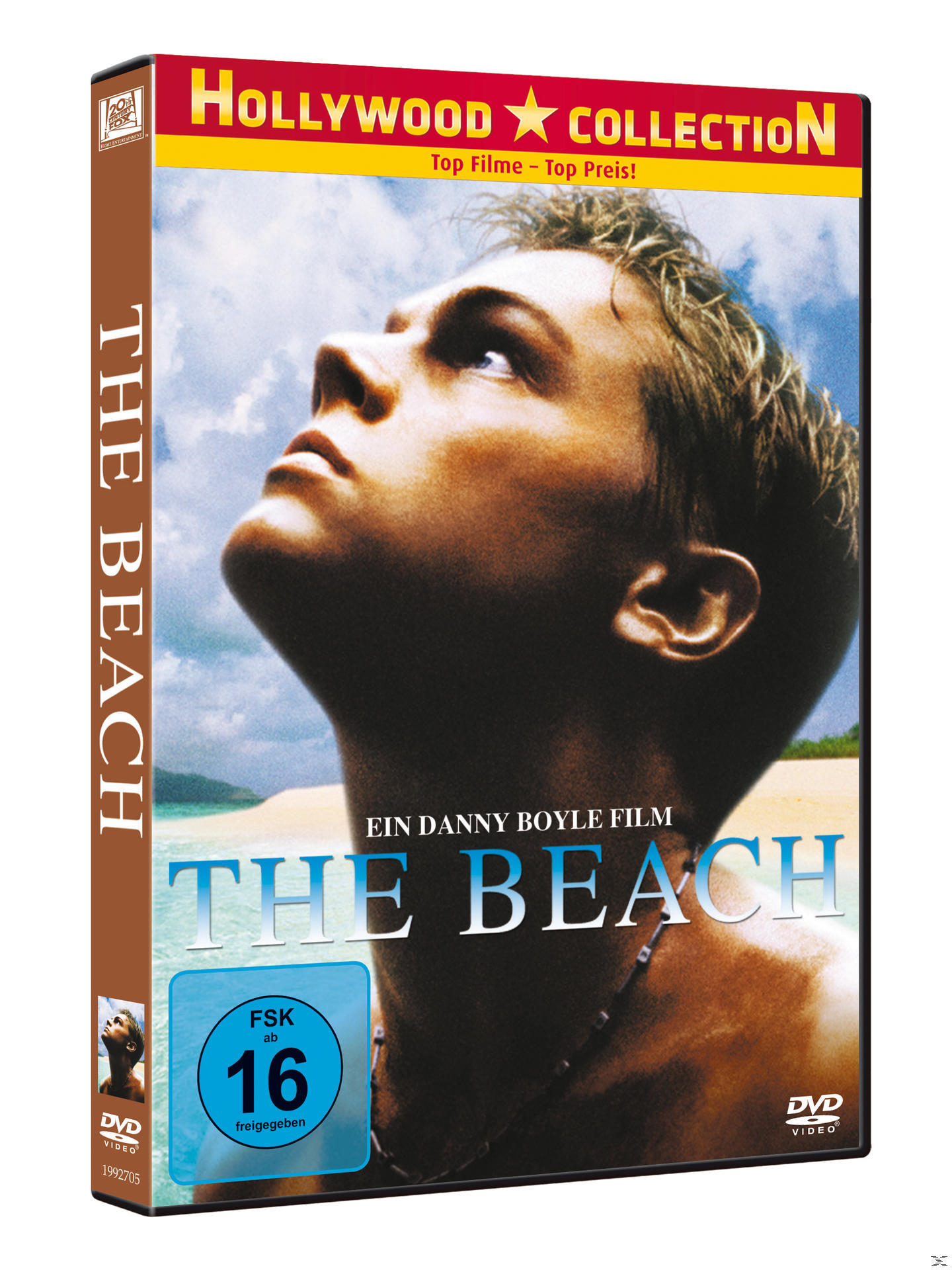DVD-Cover. Titel: The Beach. Junger Mann blickt nach oben. Blaues Wasser und Himmel sichtbar. Hollywood Collection Logo.