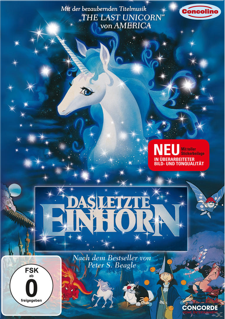 DVD-Cover: Das letzte Einhorn. Ein Einhorn und Sterne in einem Sternenhimmel. Verschiedene Zeichentrickfiguren.