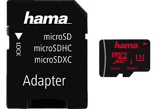 HAMA 123982 UHS-I CL3 +AD - Micro-SDXC-Speicherkarte  (64 GB, 80, Schwarz)