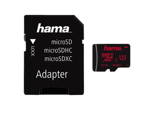 HAMA 123982 UHS-I CL3 +AD - Micro-SDXC-Cartes mémoire  (64 GB, 80, Noir)