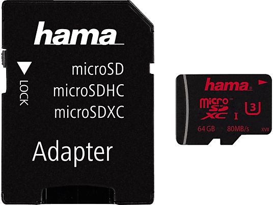 HAMA 123982 UHS-I CL3 +AD - Micro-SDXC-Schede di memoria  (64 GB, 80, Nero)