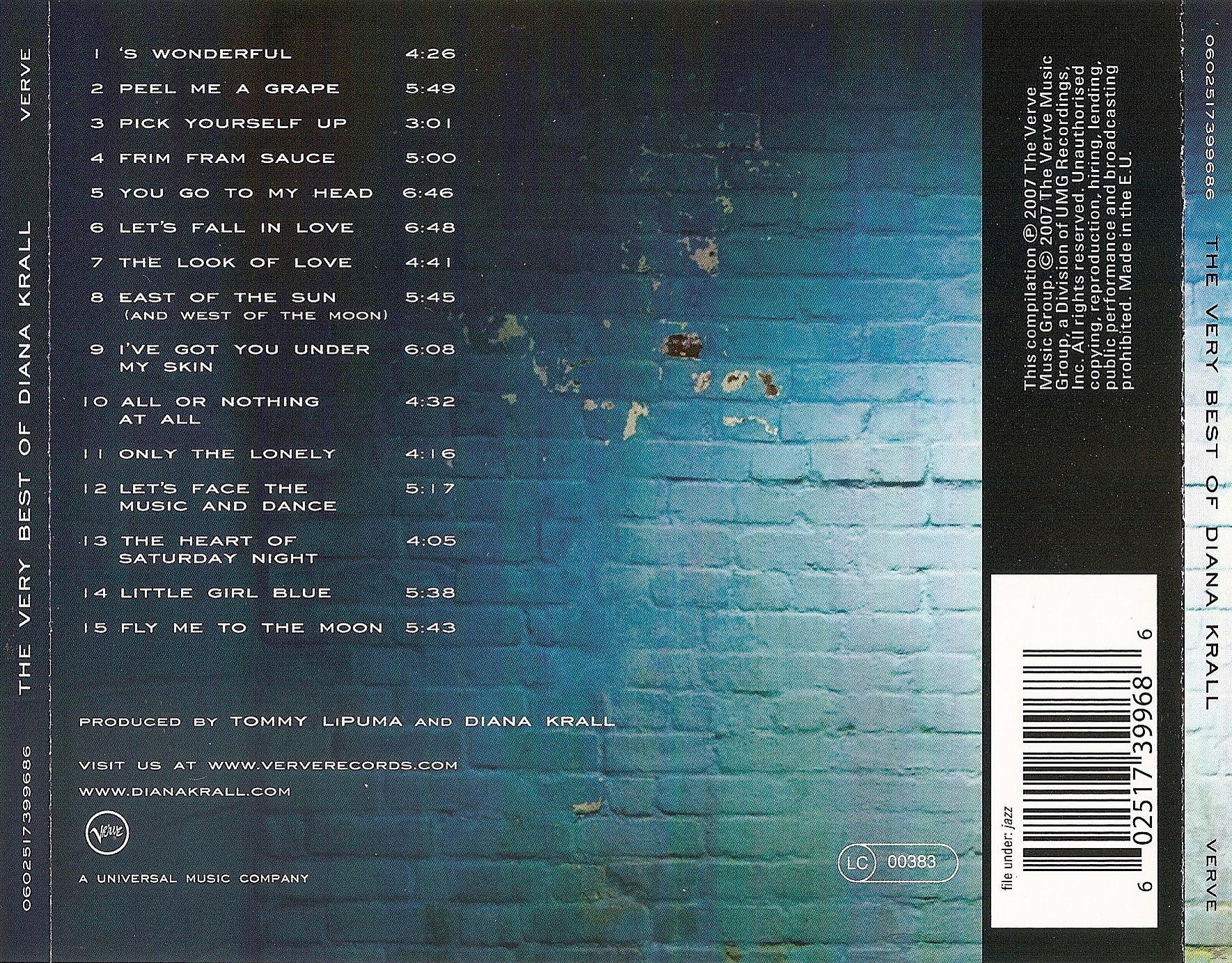 CD-Cover mit Titelliste. Diana Krall-Titel und Verve-Logo sind sichtbar. Der Hintergrund ist verblasst blau und weiß.