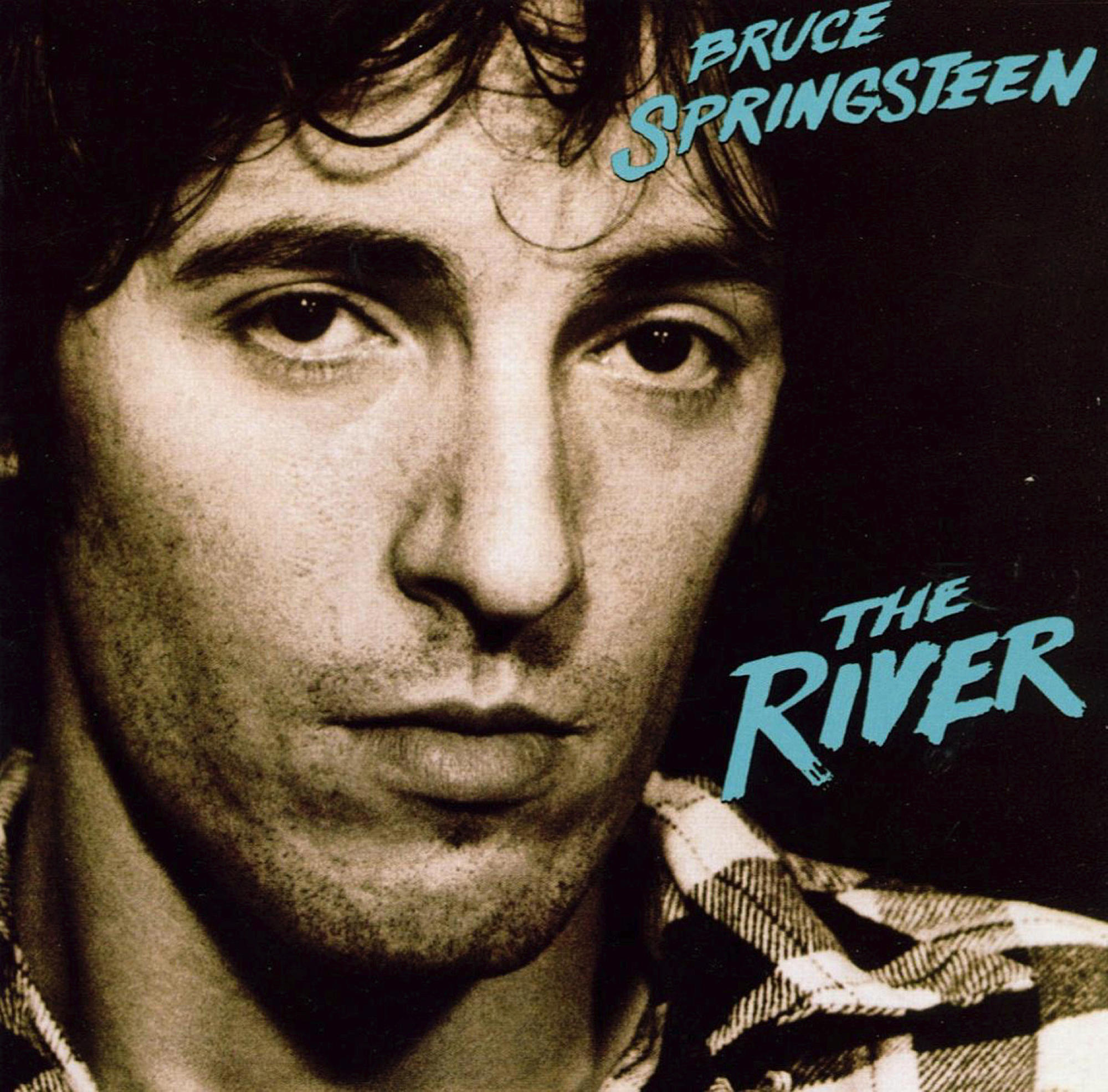 Bruce Springsteen Albumcover, Nahaufnahme seines Gesichts mit dem Titel "The River".
