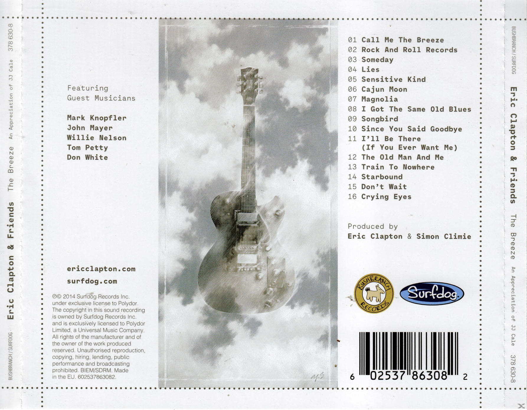 Rückseite eines Eric Clapton CD-Covers. Mit Gitarrenbild und Titelliste. Weißer und grauer Hintergrund.