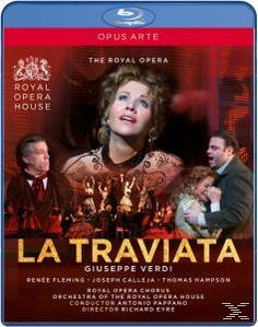 Cover der Oper "La Traviata" mit Renee Fleming und anderen Darstellern mit Textüberlagerung. Logo des Royal Opera House.