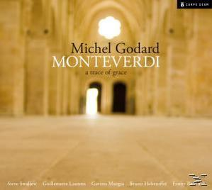 CD-Cover für Michel Godards Monteverdi. Zeigt ein Kircheninterieur mit Textüberlagerung und Künstlerdetails.