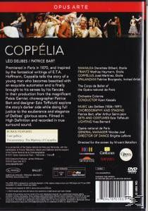 DVD-Cover von "Coppélia", einem Ballett. Zeigt eine Gruppe von Tänzern mit Text über das Ballett.