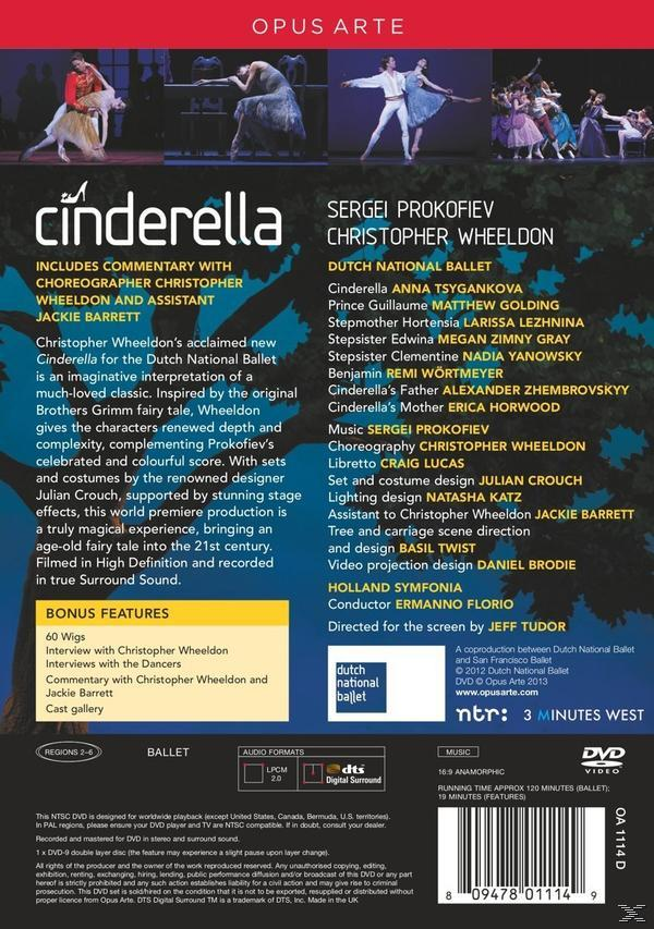 Rückseite einer 'Cinderella' DVD, mit Text, der die Ballettaufführung detailliert beschreibt.
