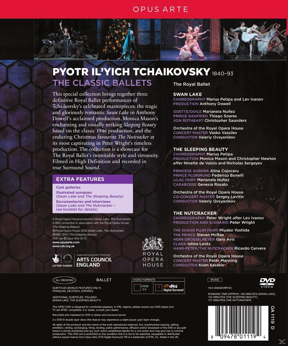 DVD-Rückseite mit Tschaikowskys The Classic Ballets. Text und Bilder von Ballettszenen.