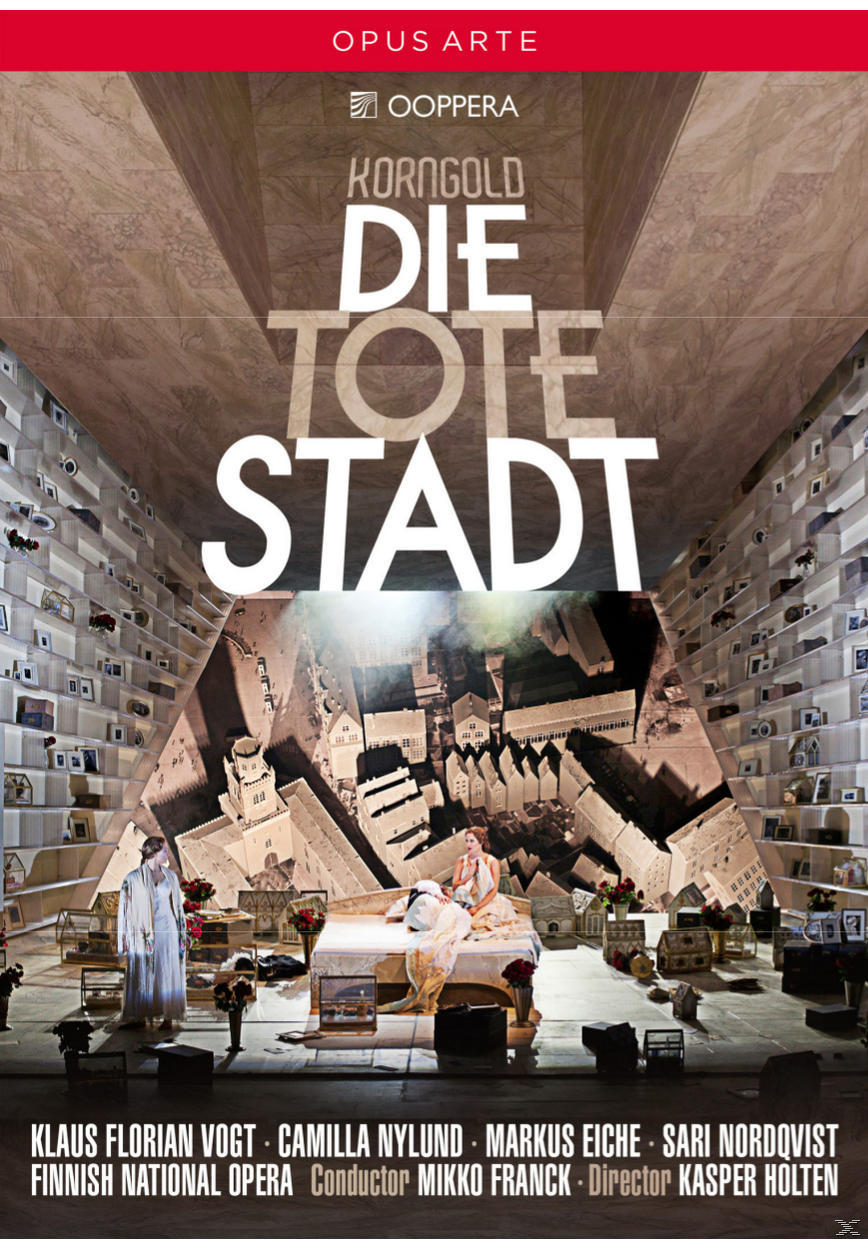 Opernplakat: Bühnenszene mit Figuren, Titel 'Die Tote Stadt'. Dunkles Farbschema.