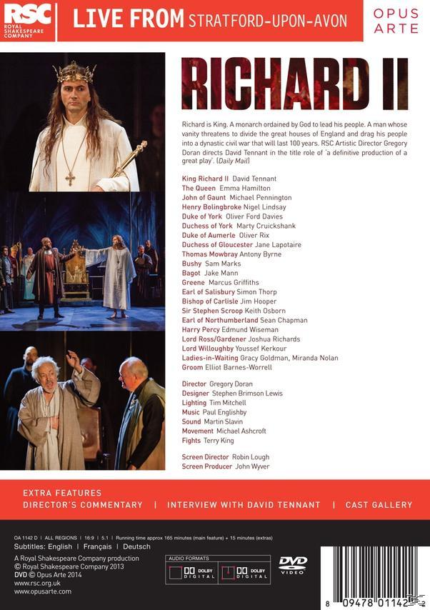 Rückseite der Richard II DVD. Zeigt Informationen zu Darstellern und Crew sowie ein Bühnenfoto.
