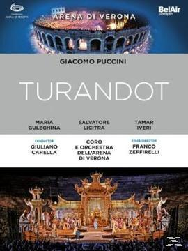 Blu-ray-Cover. Titel: Turandot. Bühnenaufführung in der Arena di Verona. Opernsänger. Blauer Hintergrund.