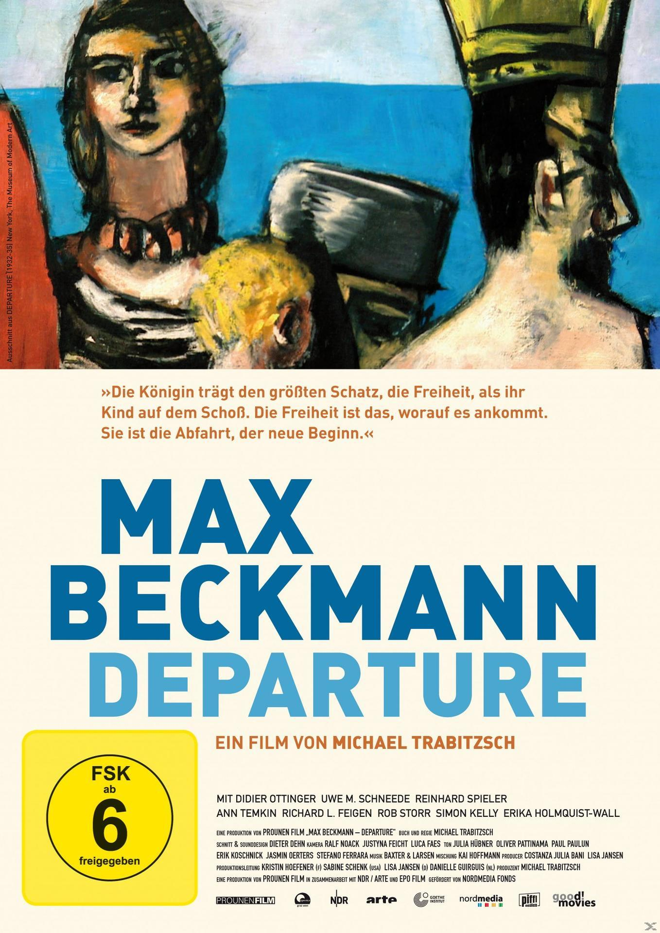 Filmposter für Max Beckmann: Departure mit stilisierten Porträts und Text in mehreren Sprachen.
