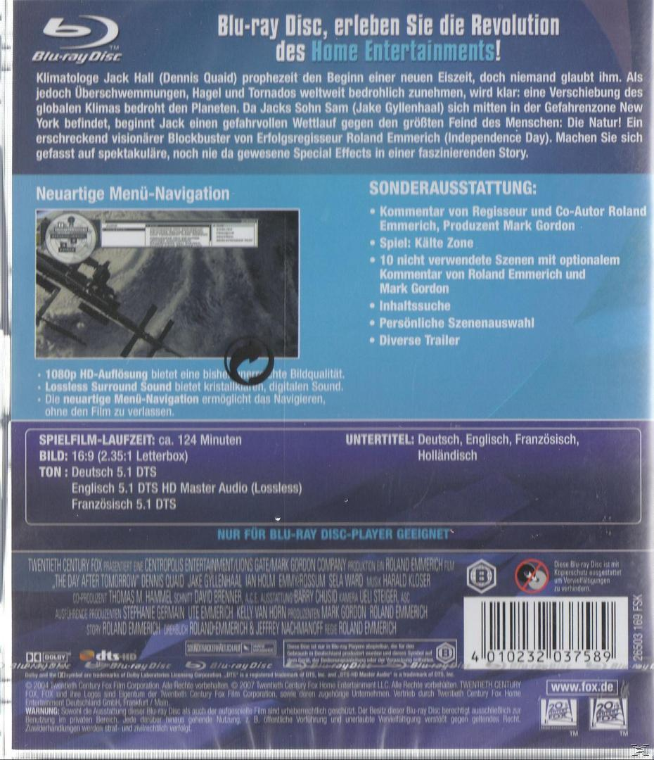 Rückseite der Blu-ray Disc für The Day After Tomorrow. Text auf Deutsch, Bilder des Filmcovers.