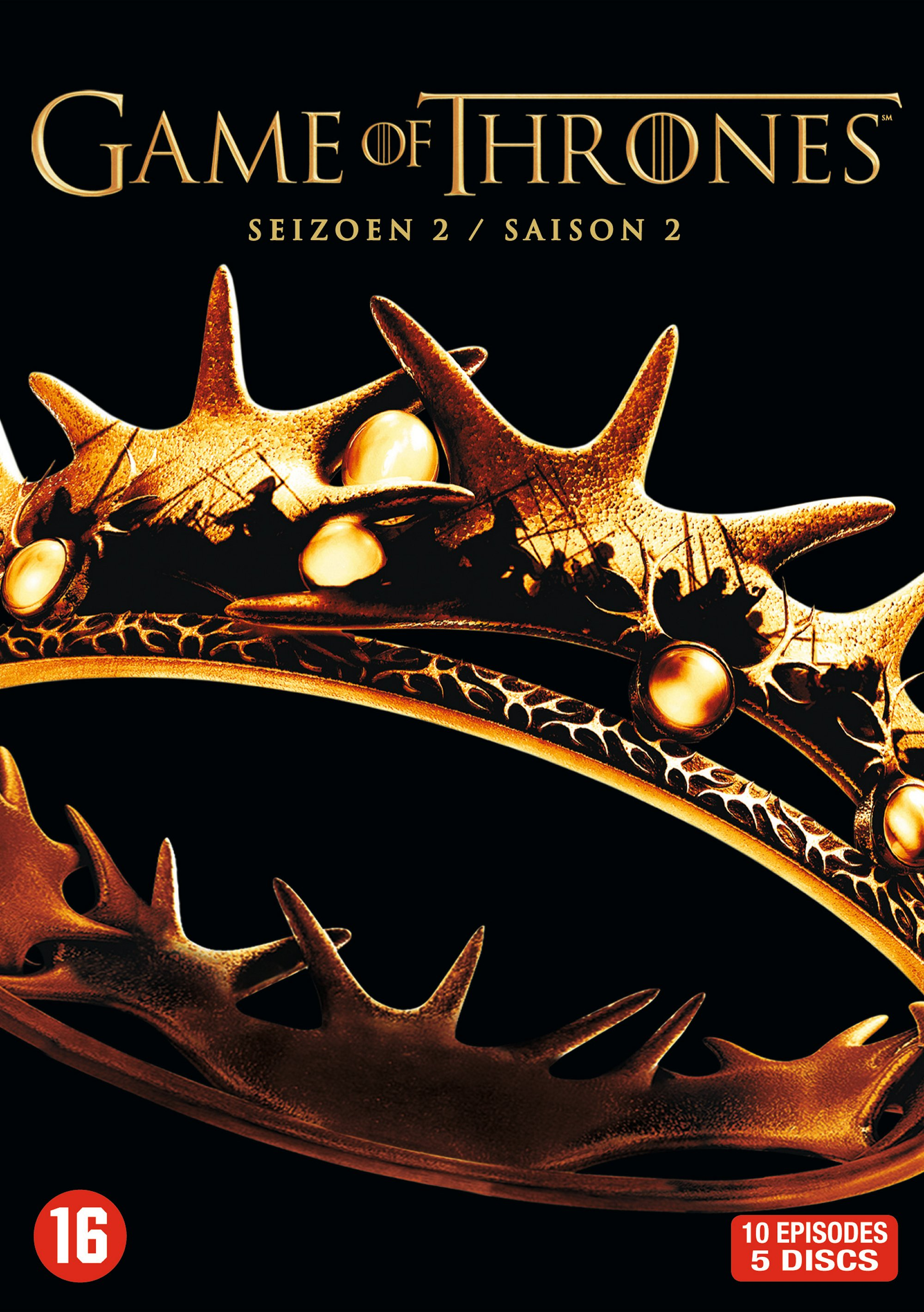 De DVD-hoes van Game of Thrones seizoen 2 toont een gouden kroon.