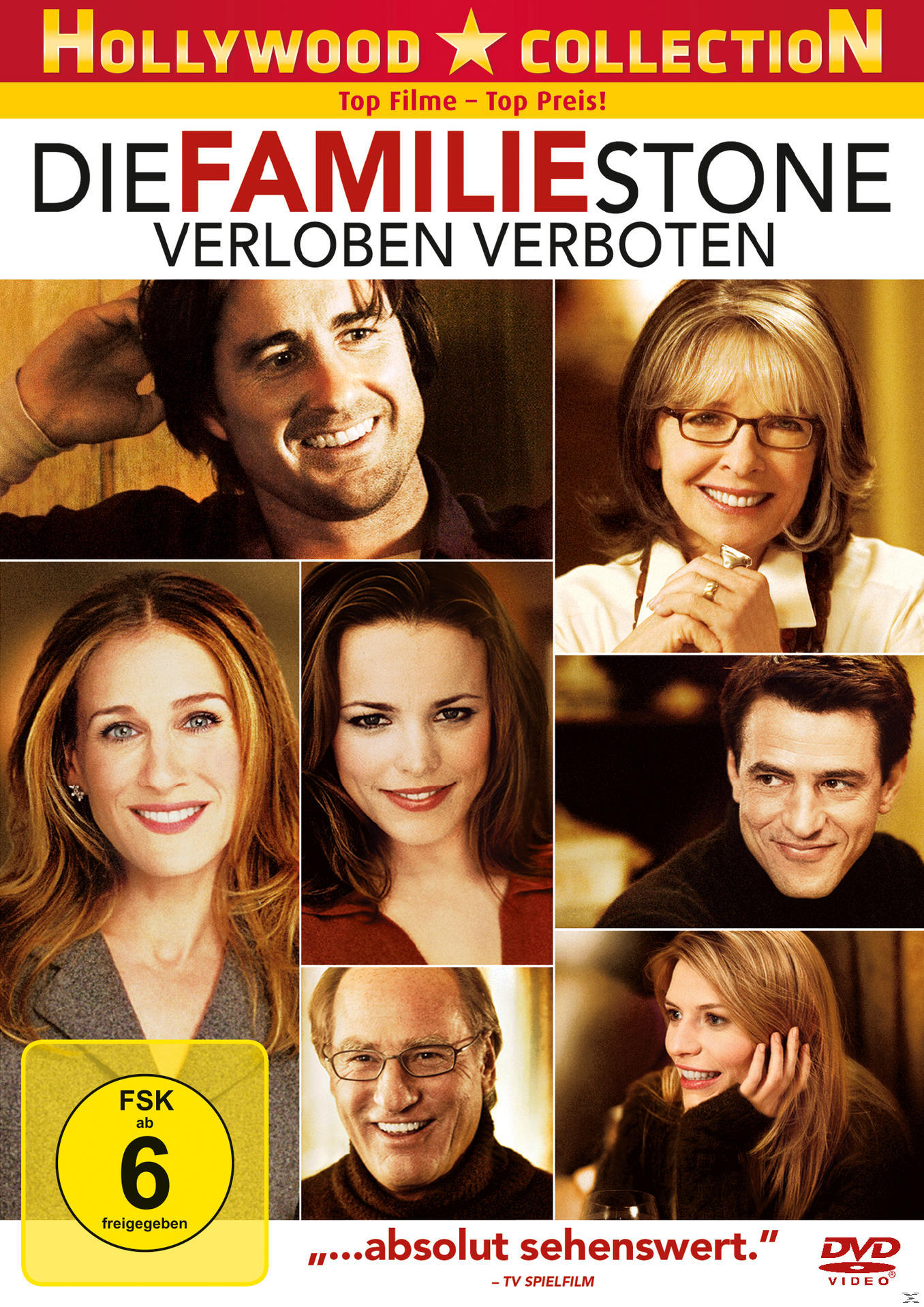 DVD-Cover mit mehreren Gesichtern. Titel 'Die Familie Stone'. Bewertung Logo und ein Slogan unten.