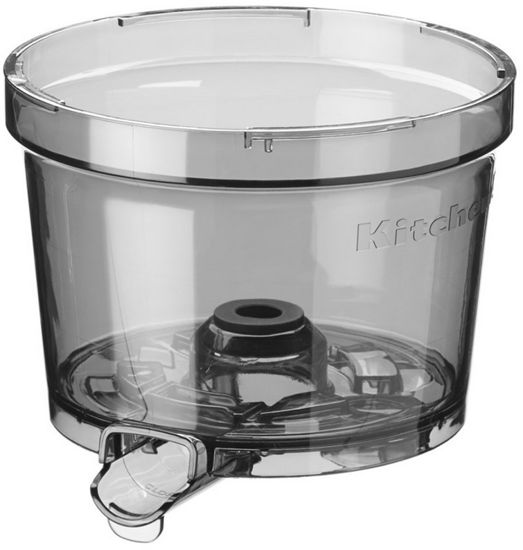Transparenter Behälter mit silbernem Rand, auf der Seite steht das Wort 'KitchenAid'.