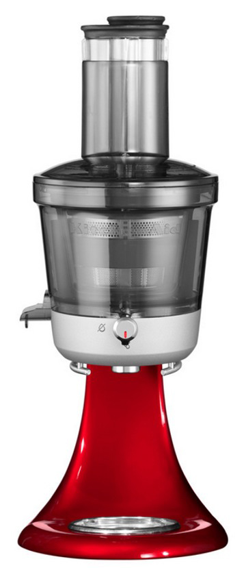 Roter KitchenAid Entsafter mit einem transparenten Behälter auf weißem Hintergrund.