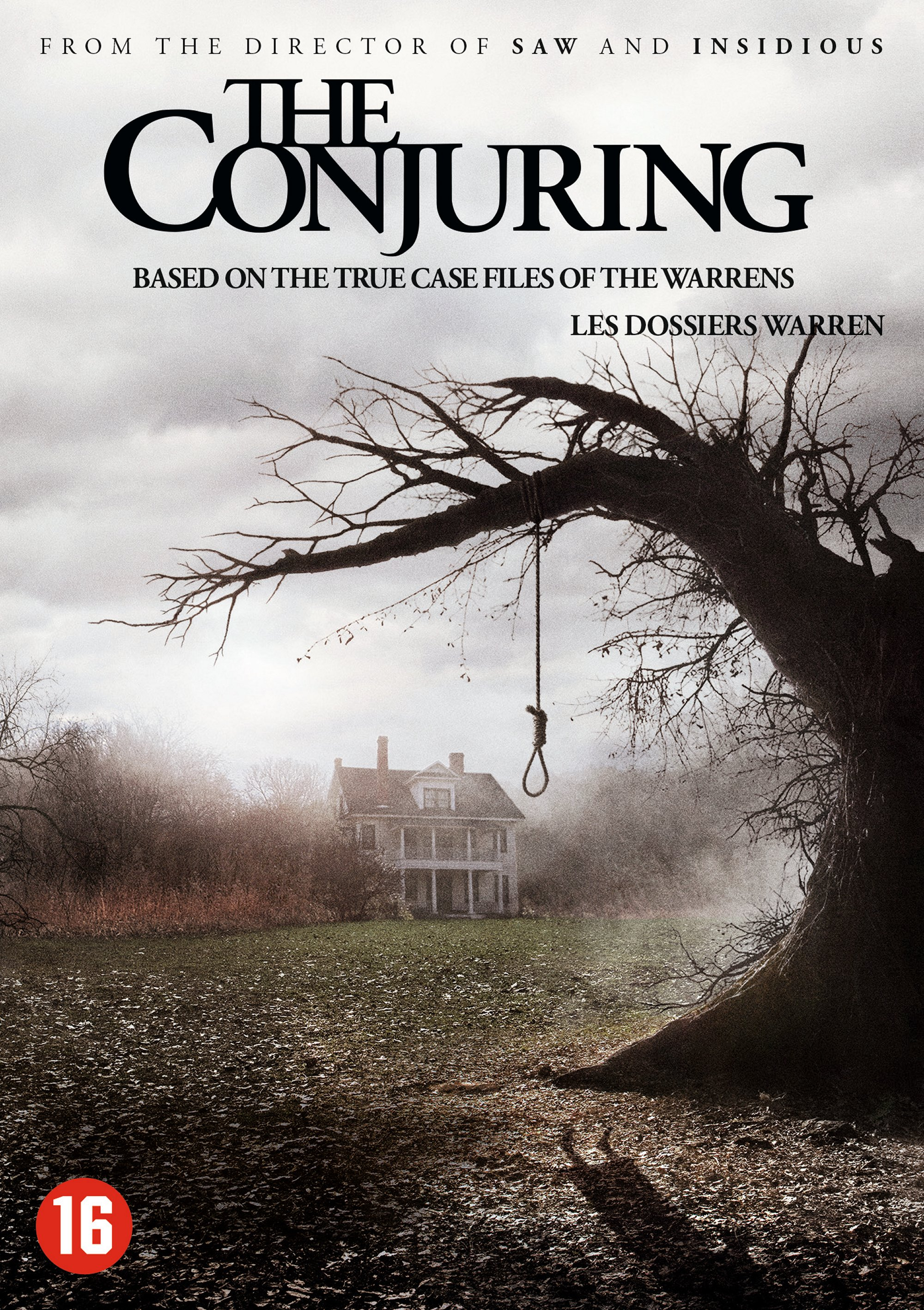 Affiche du film 'The Conjuring', avec une maison effrayante et un nœud coulant dans un paysage brumeux.
