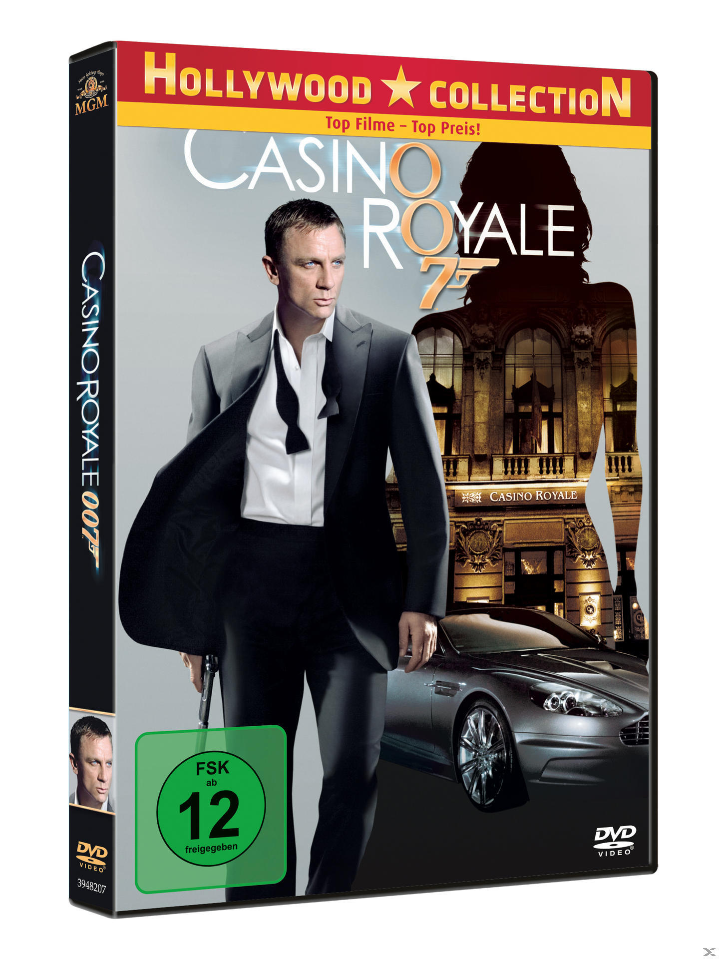 DVD-Cover für Casino Royale mit Daniel Craig in einem Anzug, der eine Waffe hält. Ein Auto im Hintergrund.