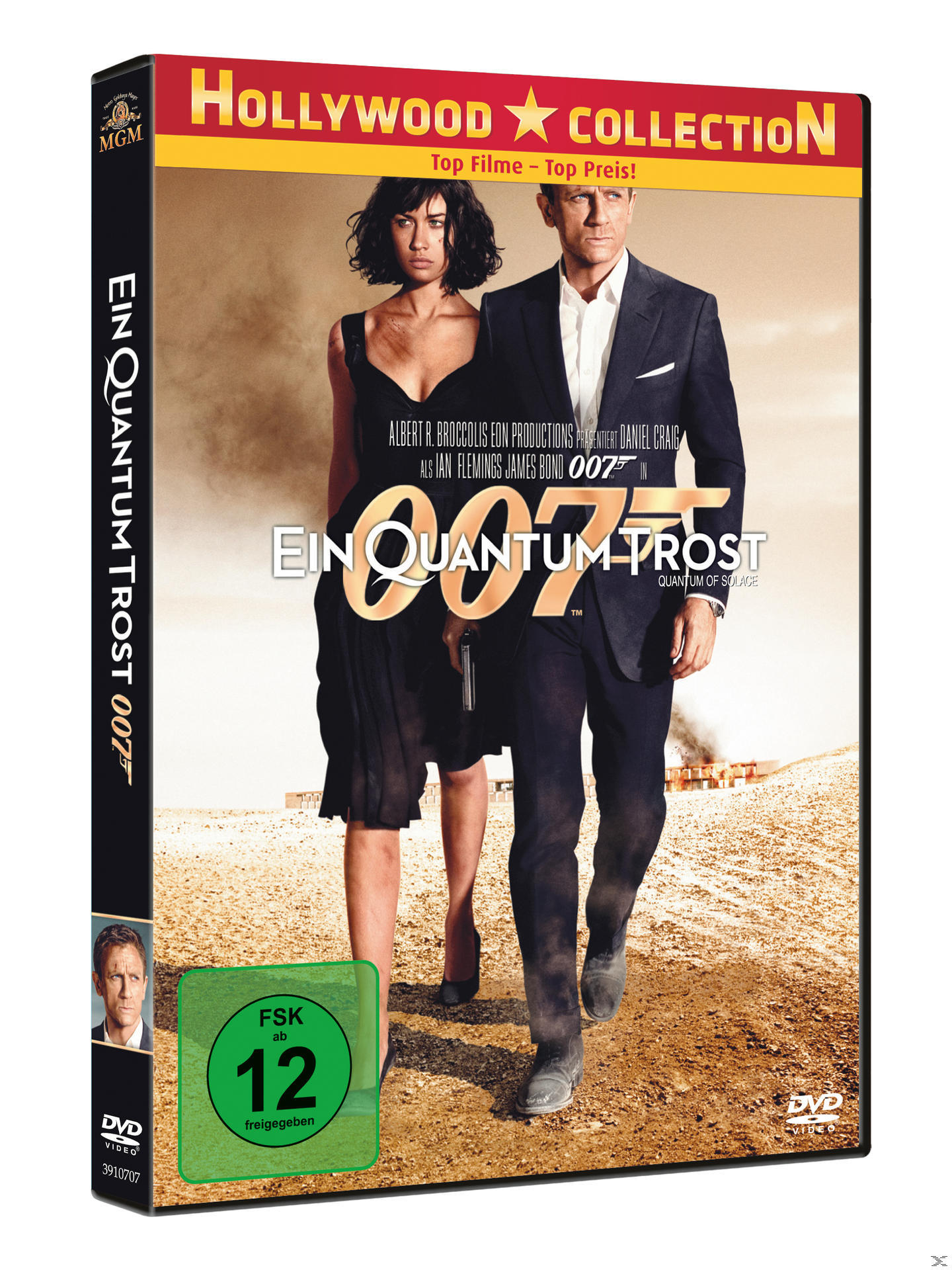 Ein Quantum Trost 007 DVD-Cover. Zwei Personen stehen auf einem wüstenartigen Hintergrund.
