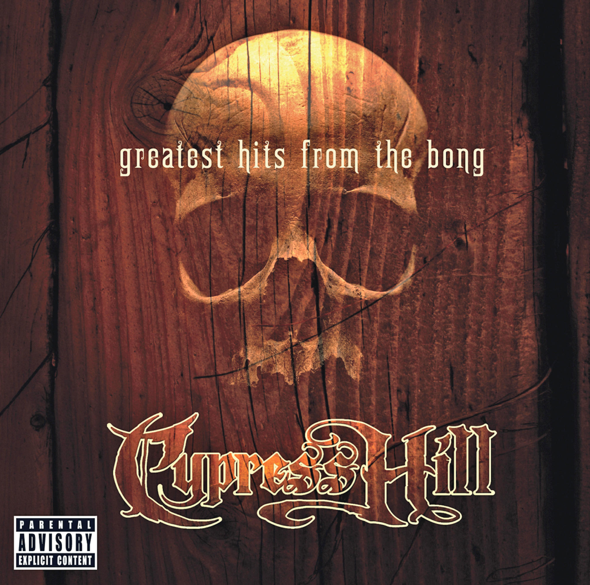 Album borító Cypress Hill logóval egy koponya felett fa háttéren. Cím: 'greatest hits from the bong'.
