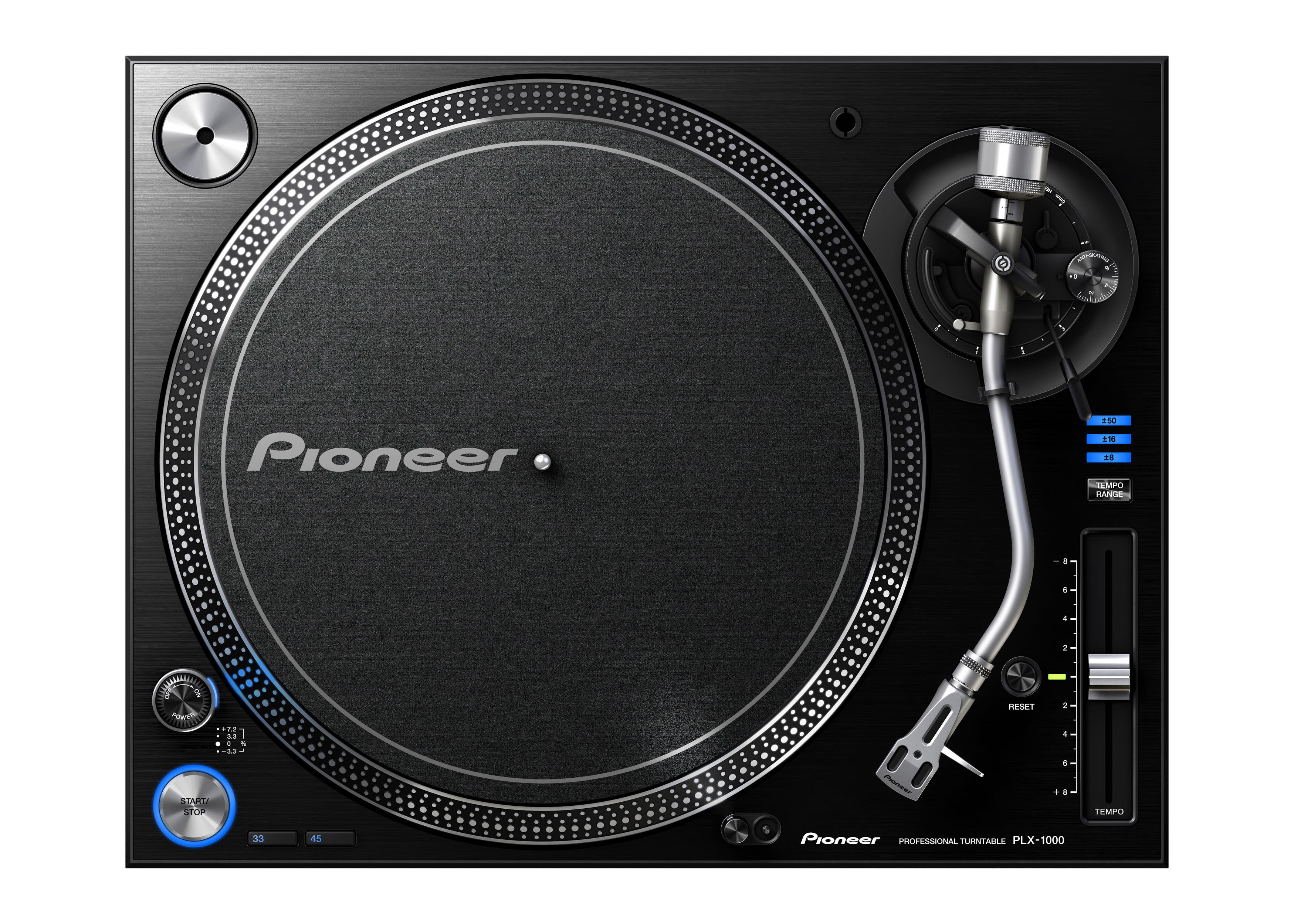 Ein schwarzer Pioneer PLX-1000 Plattenspieler mit silbernem Tonarm.