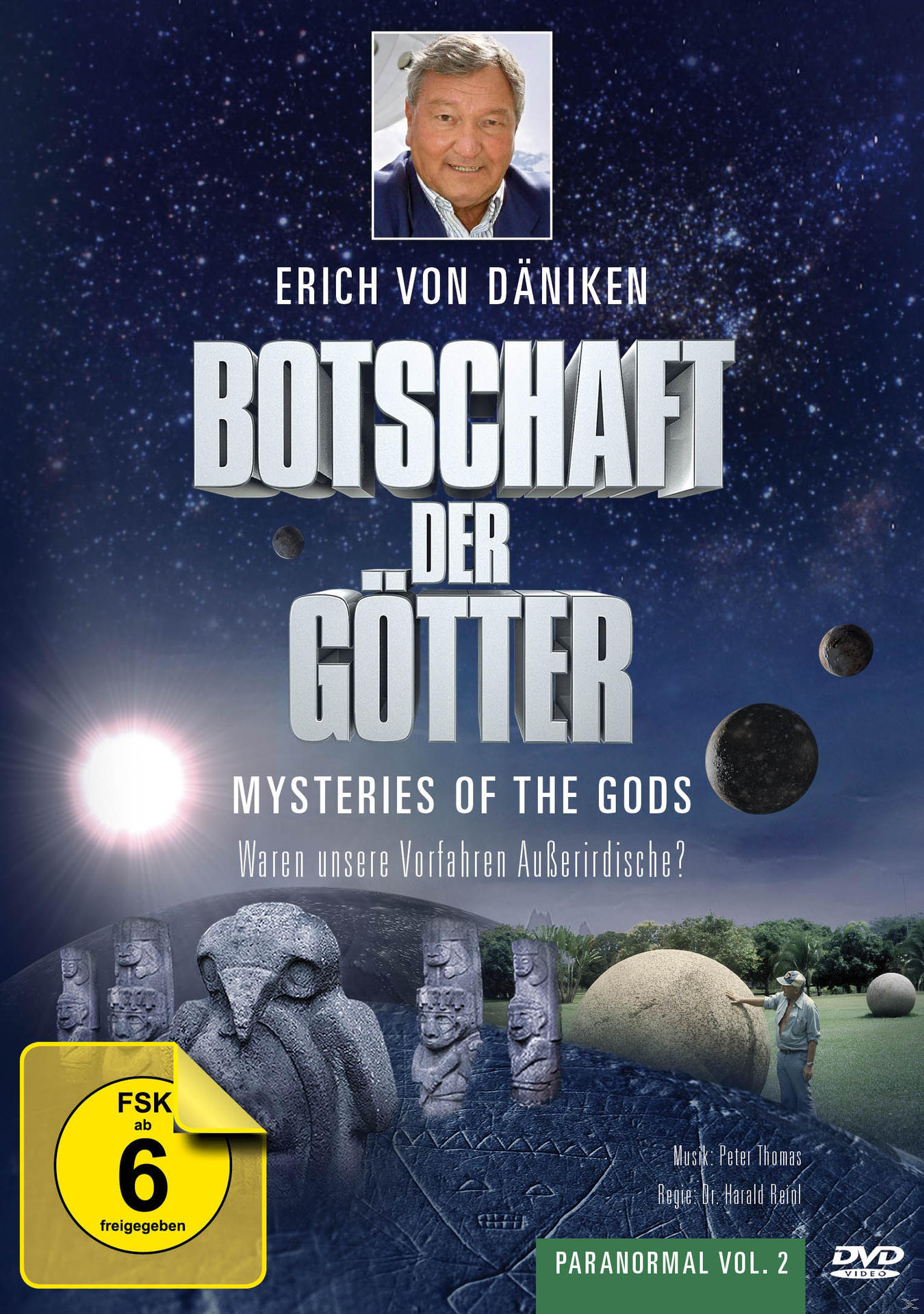 Filmposter mit dem Titel 'Botschaft Der Götter'. Ein Bild von Erich von Däniken und einer fremden Landschaft.