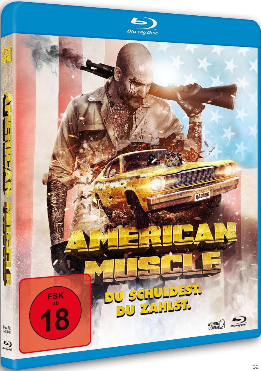 DVD-Cover für 'American Muscle'. Mann mit Schrotflinte, gelbes Auto im Hintergrund.