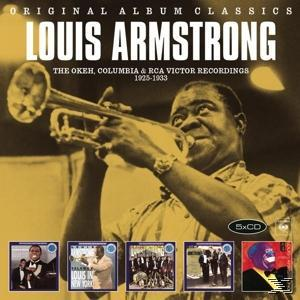 Louis Armstrong Albumcover. Er spielt Trompete. Albumcover mit mehreren CD-Covern werden ebenfalls gezeigt.