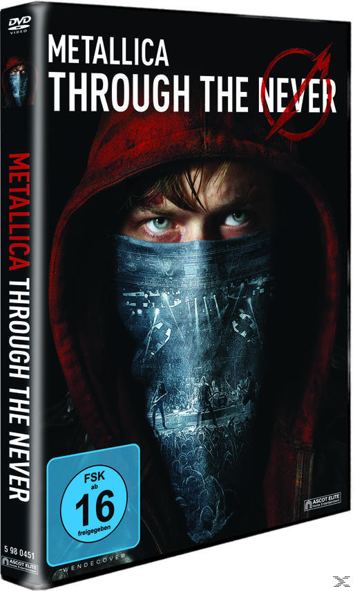 DVD-Cover eines Mannes mit Kapuzenpullover und Bandana. Der Titel lautet 'Metallica Through The Never'.